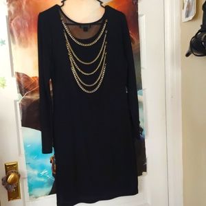 Black bodycon dress with mesh and gold chains